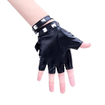 JISEN Women Punk Belt Up Half Finger PU Leather Performance